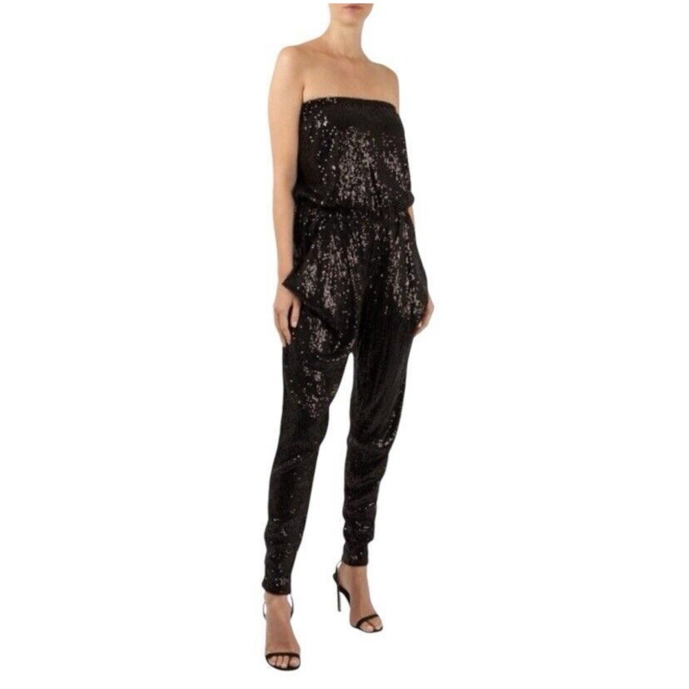 Michael Kors Jumpsuit Size S Black All Over Sequin Bandeau Strapless Pockets
